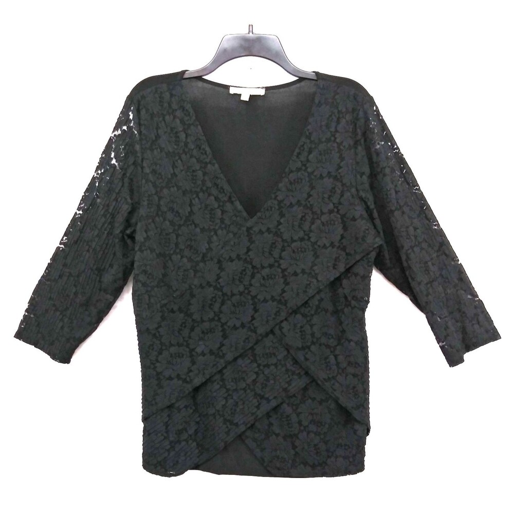 NY Collection Blouse Womens XL Black Sheer Crossover 3/4 Sleeve V Neck Lined Top